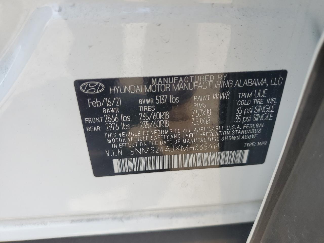 2021 Hyundai Santa Fe Sel VIN: 5NMS24AJXMH335614 Lot: 63979405