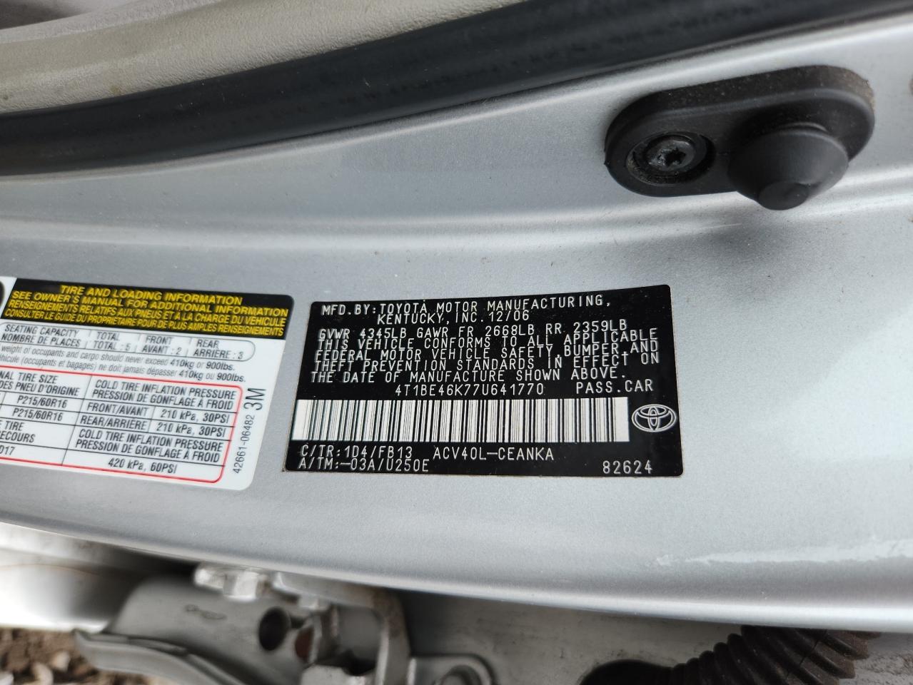 2007 Toyota Camry Ce VIN: 4T1BE46K77U641770 Lot: 64246625