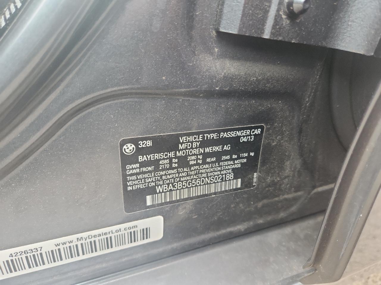 2013 BMW 328 Xi Sulev VIN: WBA3B5G56DNS02188 Lot: 64987305