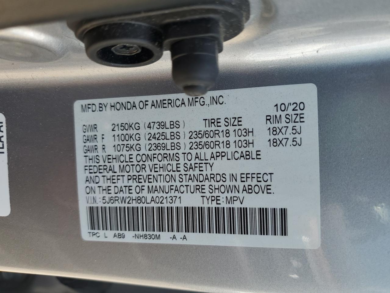 2020 Honda Cr-V Exl VIN: 5J6RW2H80LA021371 Lot: 64874255