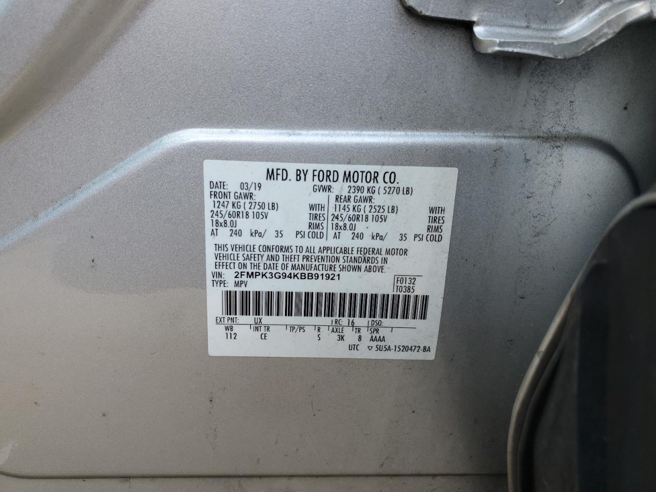 2019 Ford Edge Se VIN: 2FMPK3G94KBB91921 Lot: 64632195