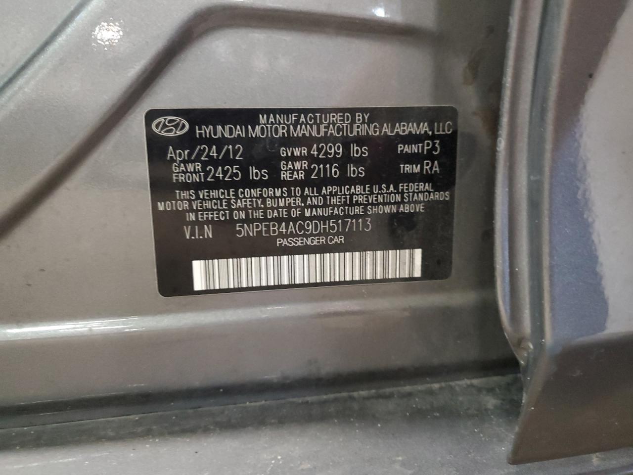 2013 Hyundai Sonata Gls VIN: 5NPEB4AC9DH517113 Lot: 65235185