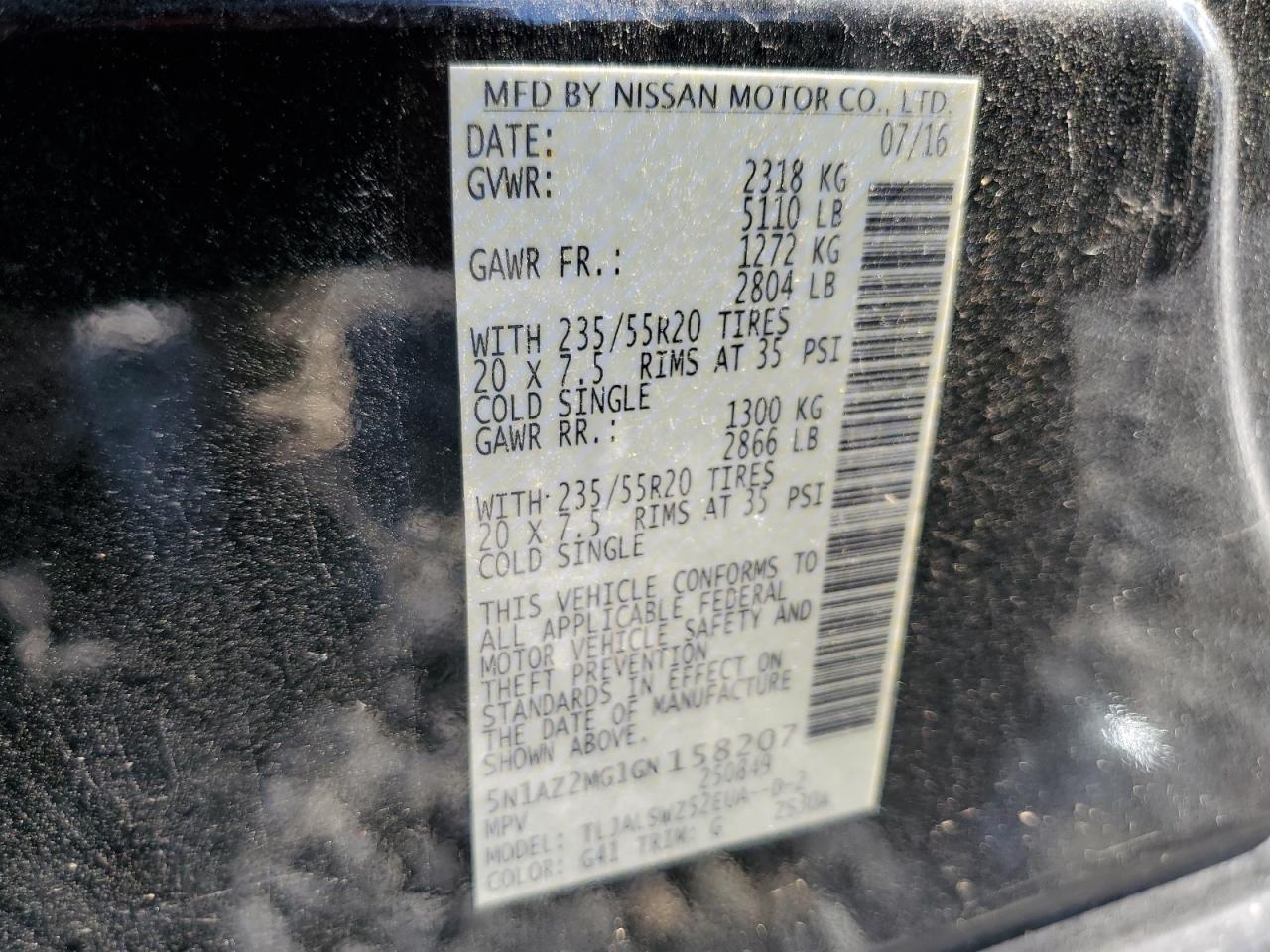 2016 Nissan Murano S VIN: 5N1AZ2MG1GN158207 Lot: 64736855