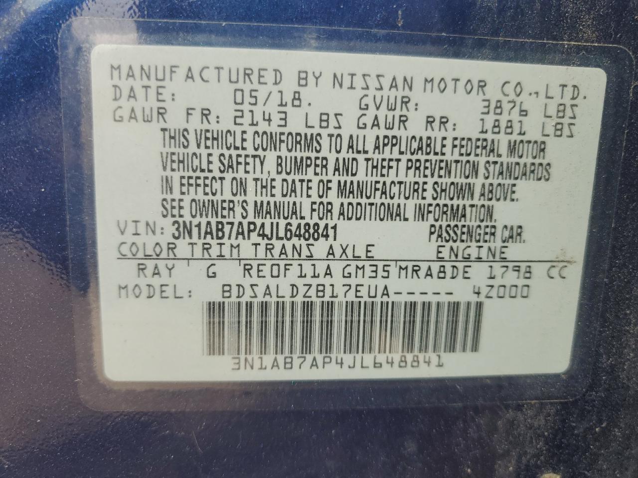 2018 Nissan Sentra S VIN: 3N1AB7AP4JL648841 Lot: 64462065