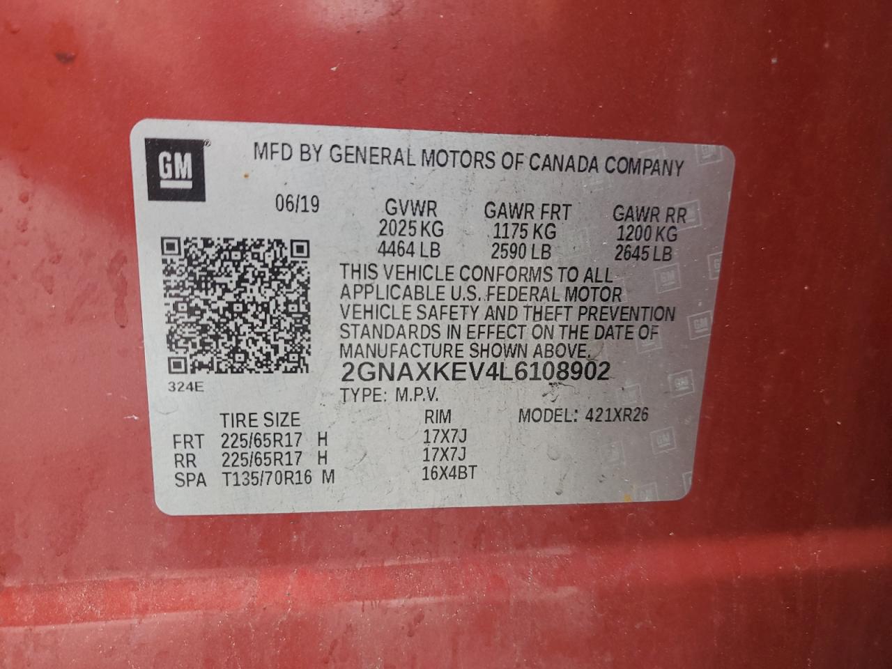 2020 Chevrolet Equinox Lt VIN: 2GNAXKEV4L6108902 Lot: 64033255
