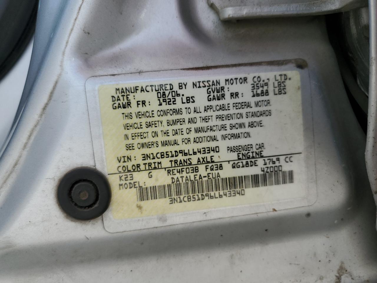 2006 Nissan Sentra 1.8 VIN: 3N1CB51D96L643340 Lot: 64431735