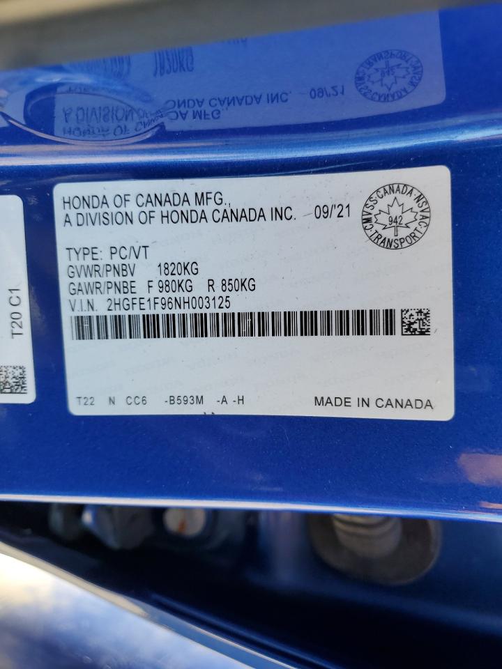 2022 Honda Civic Touring VIN: 2HGFE1F96NH003125 Lot: 65190775