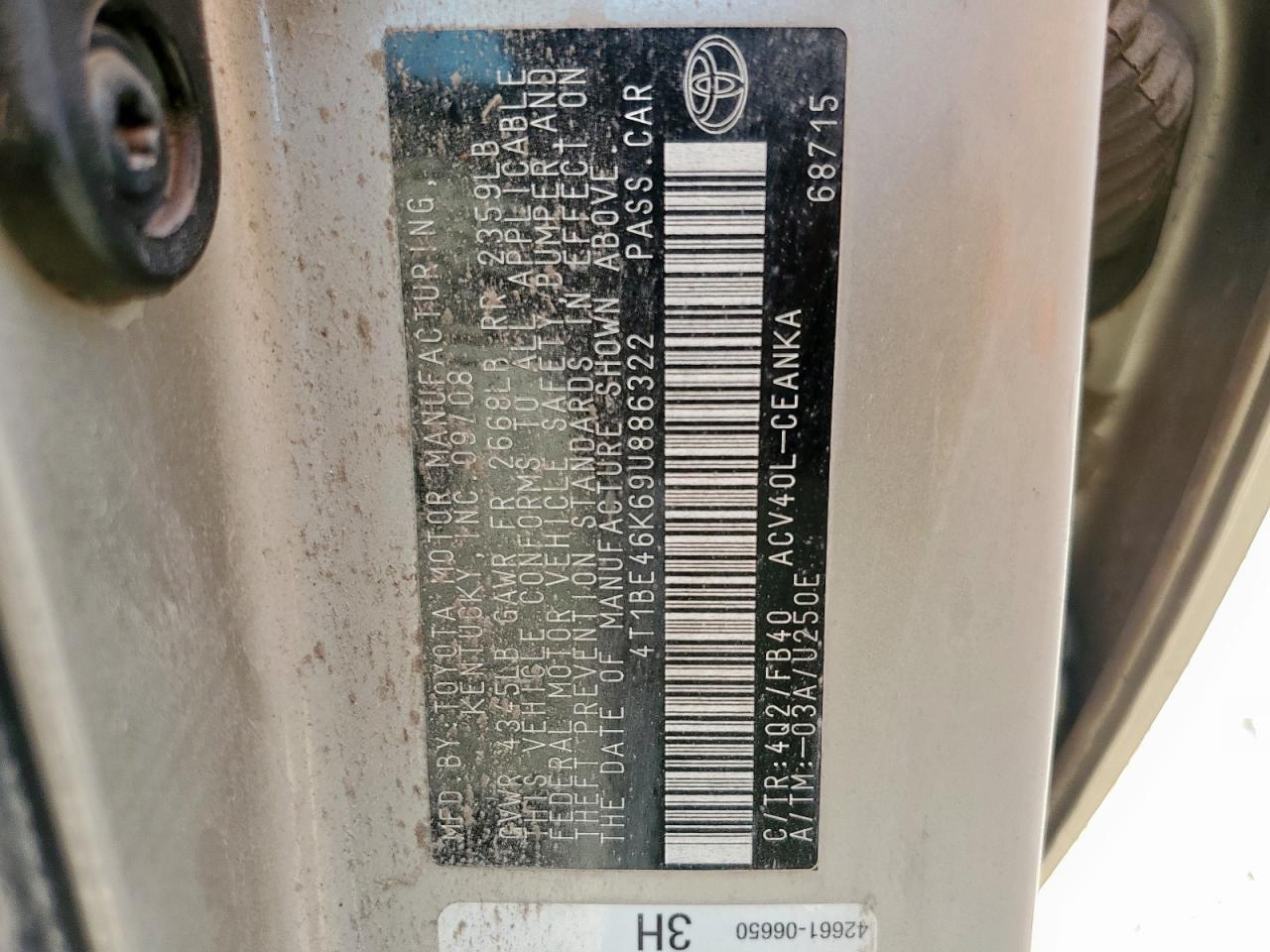 2009 Toyota Camry Base VIN: 4T1BE46K69U886322 Lot: 64897145