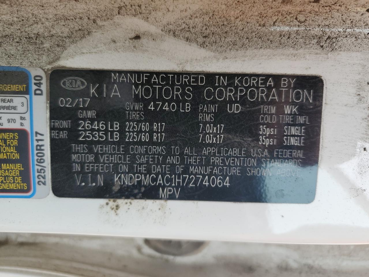 2017 Kia Sportage Lx VIN: KNDPMCAC1H7274064 Lot: 63617995