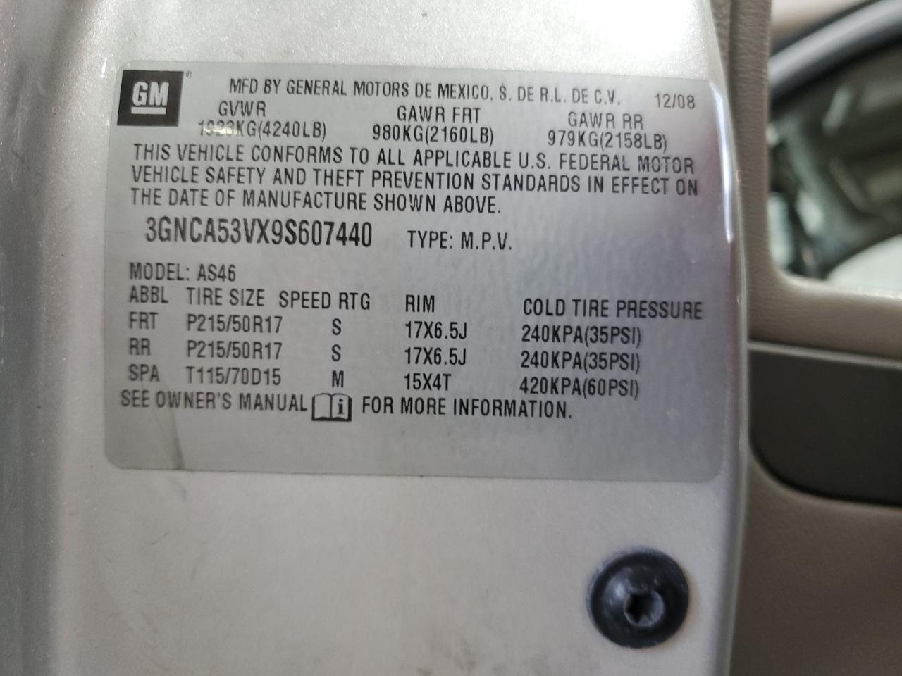 3gnca53vx9s607440 3GNCA53VX9S607440 2009 Chevrolet Hhr Lt