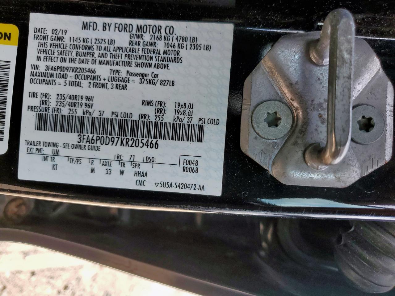 2019 Ford Fusion Titanium VIN: 3FA6P0D97KR205466 Lot: 65434375