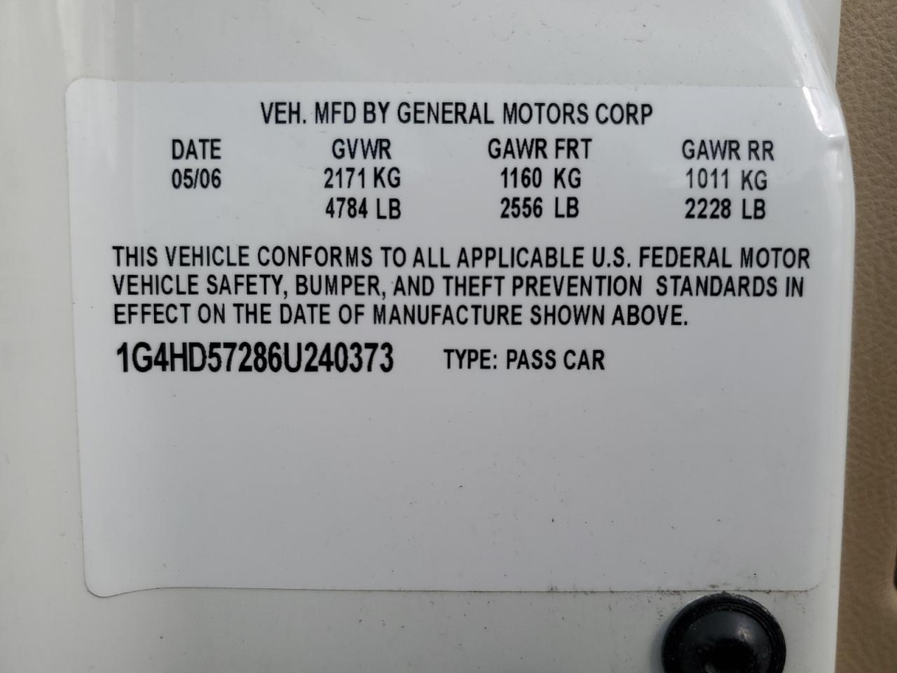 2006 Buick Lucerne Cxl VIN: 1G4HD57286U240373 Lot: 64836785