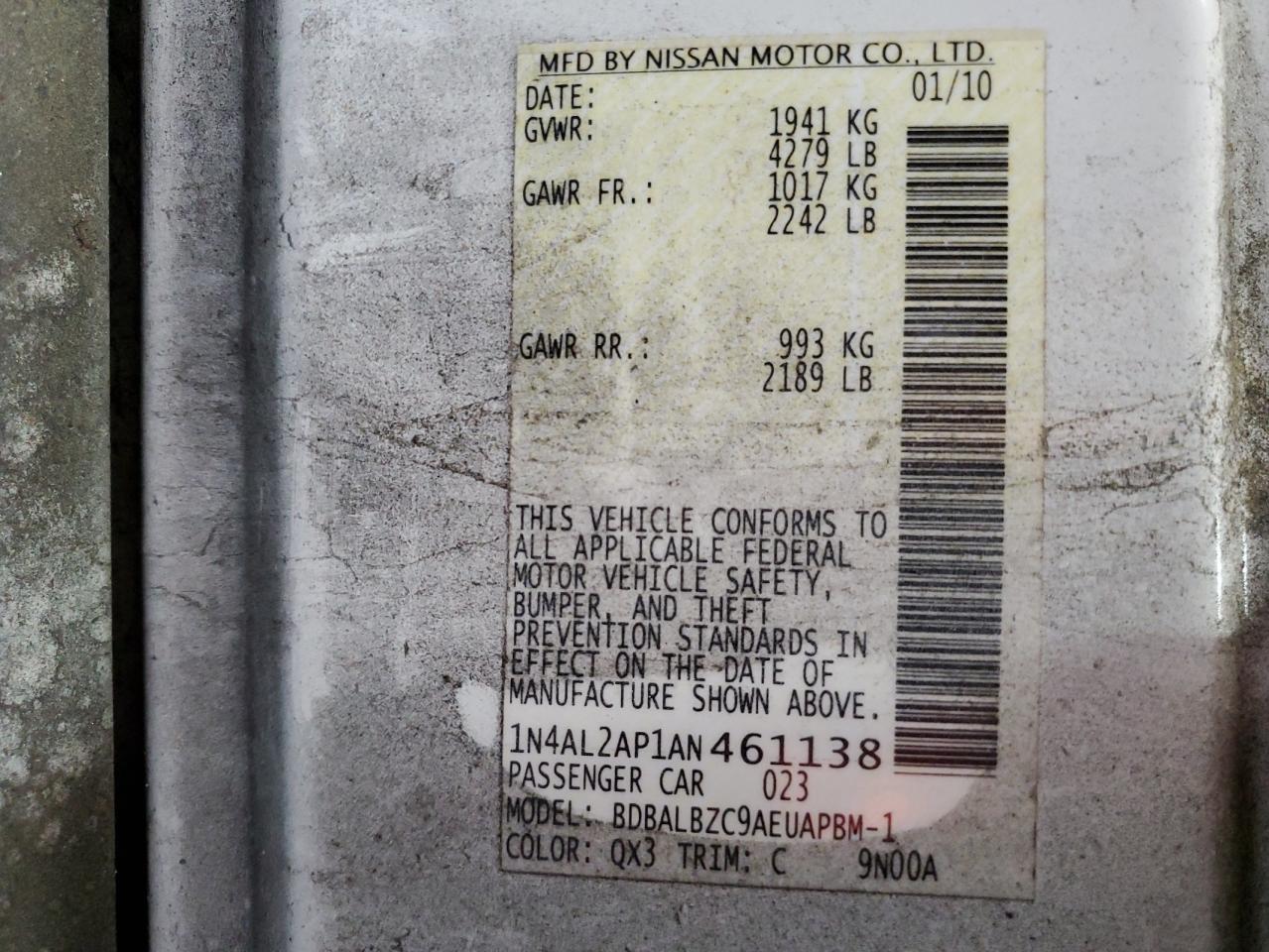 2010 Nissan Altima Base VIN: 1N4AL2AP1AN461138 Lot: 64205475