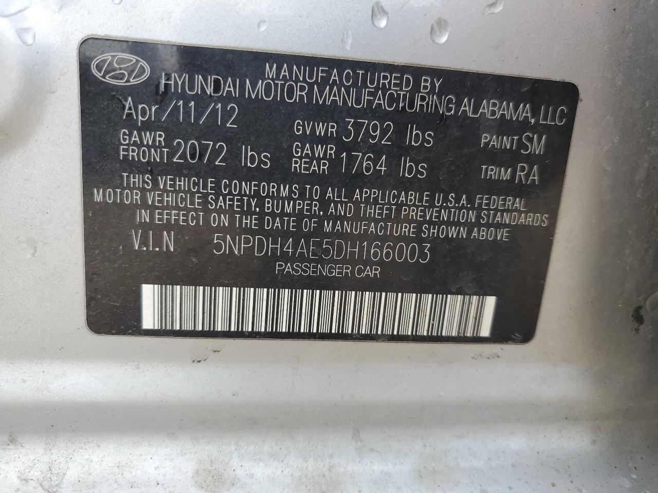 2013 Hyundai Elantra Gls VIN: 5NPDH4AE5DH166003 Lot: 64795875