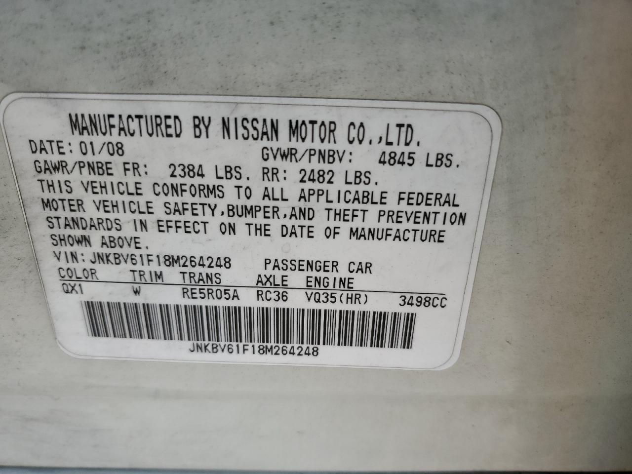 2008 Infiniti G35 VIN: JNKBV61F18M264248 Lot: 65582855