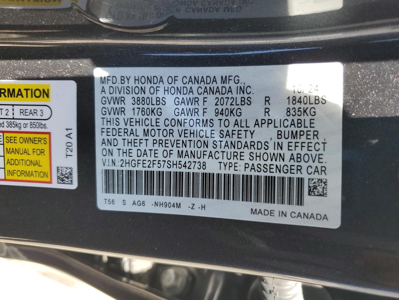 2025 Honda Civic Sport VIN: 2HGFE2F57SH542738 Lot: 66335375