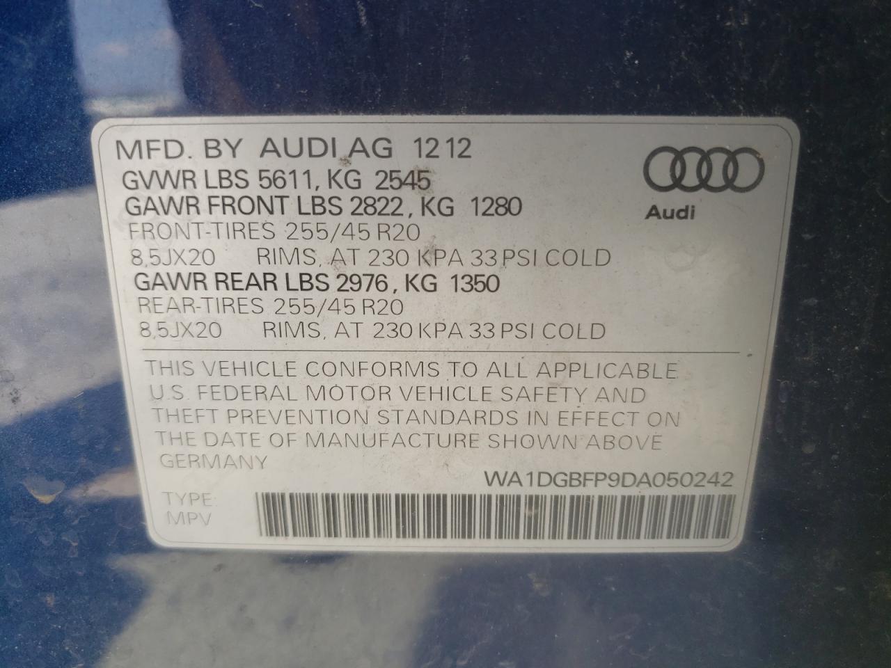 2013 Audi Q5 Premium Plus VIN: WA1DGBFP9DA050242 Lot: 63804335