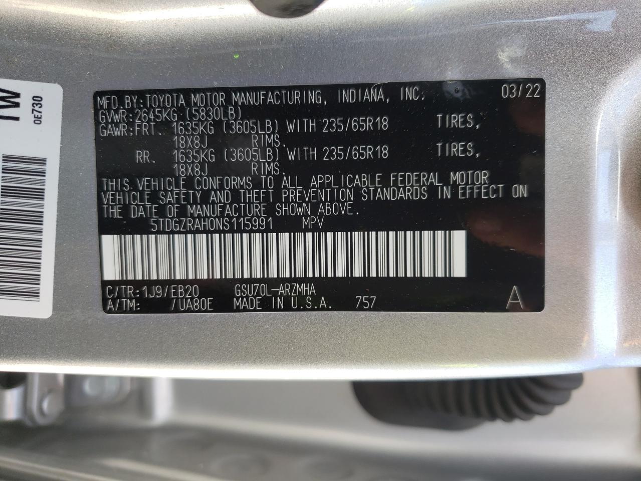 2022 Toyota Highlander Xle VIN: 5TDGZRAH0NS115991 Lot: 64500535
