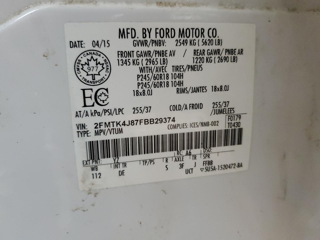 2015 Ford Edge Sel VIN: 2FMTK4J87FBB29374 Lot: 63584395