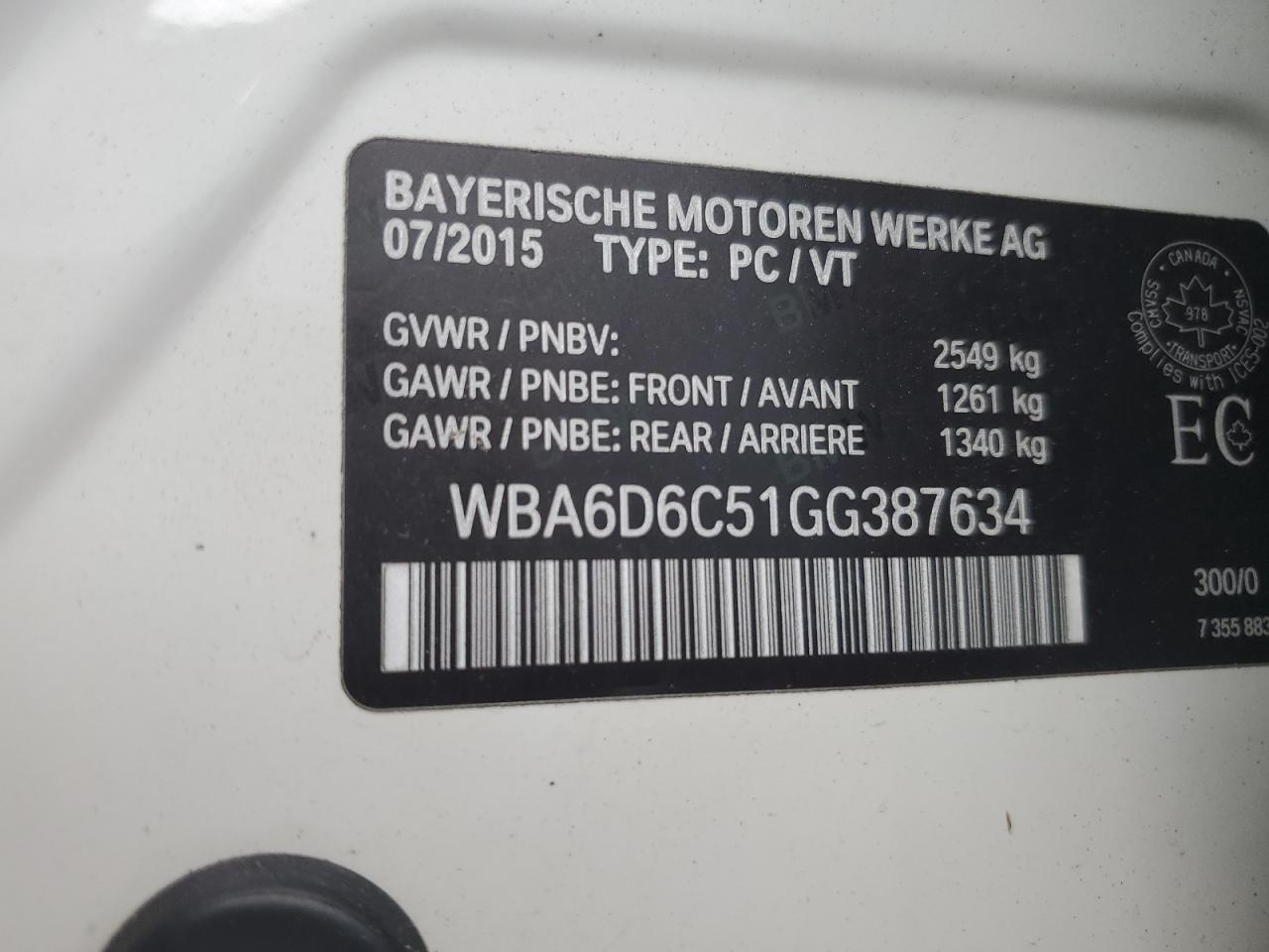 2016 BMW 650 Xi Gran Coupe VIN: WBA6D6C51GG387634 Lot: 65029415