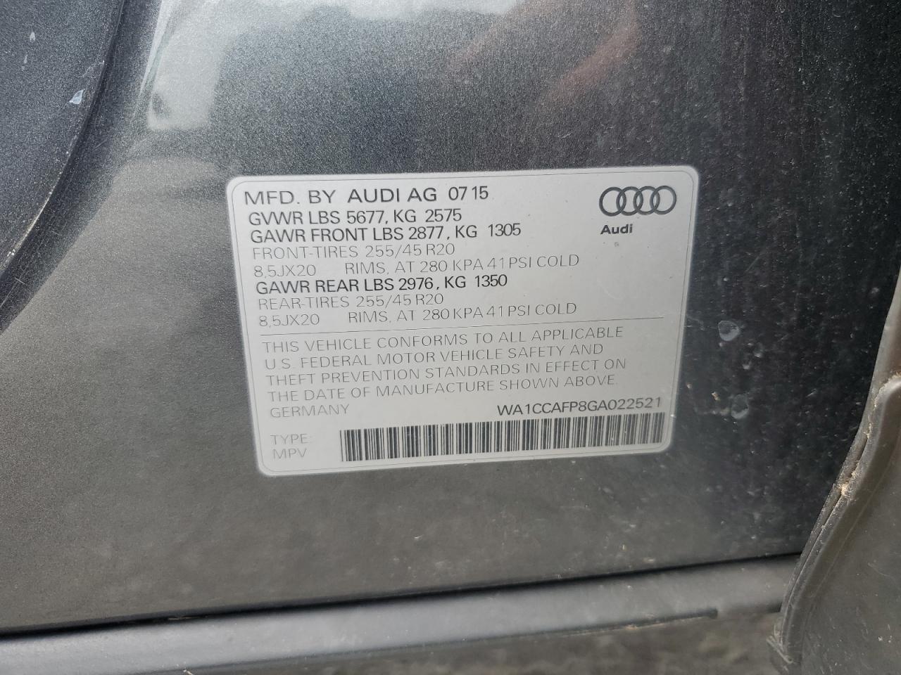 2016 Audi Sq5 Premium Plus VIN: WA1CCAFP8GA022521 Lot: 62714605