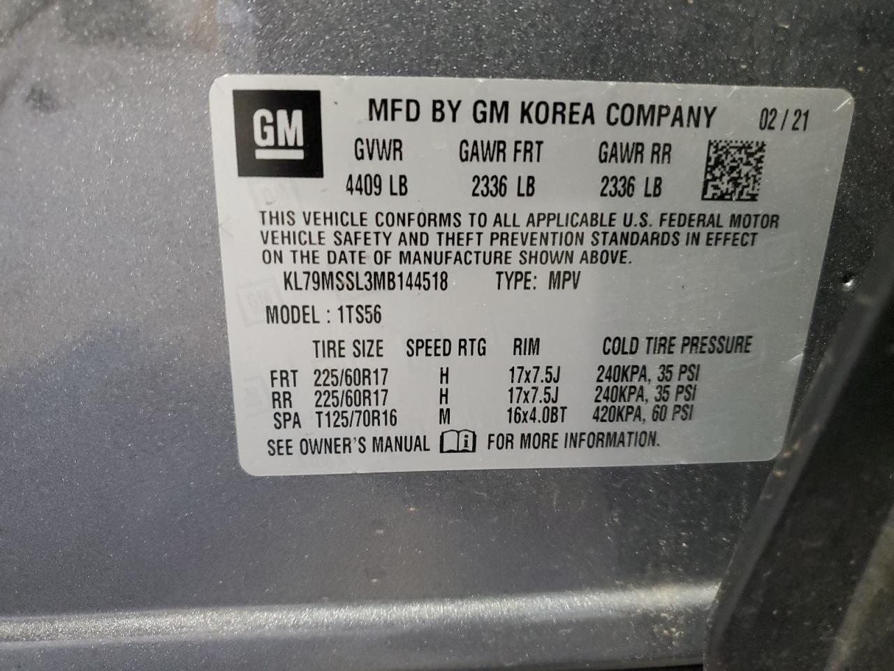 2021 Chevrolet Trailblazer Activ VIN: KL79MSSL3MB144518 Lot: 63470785