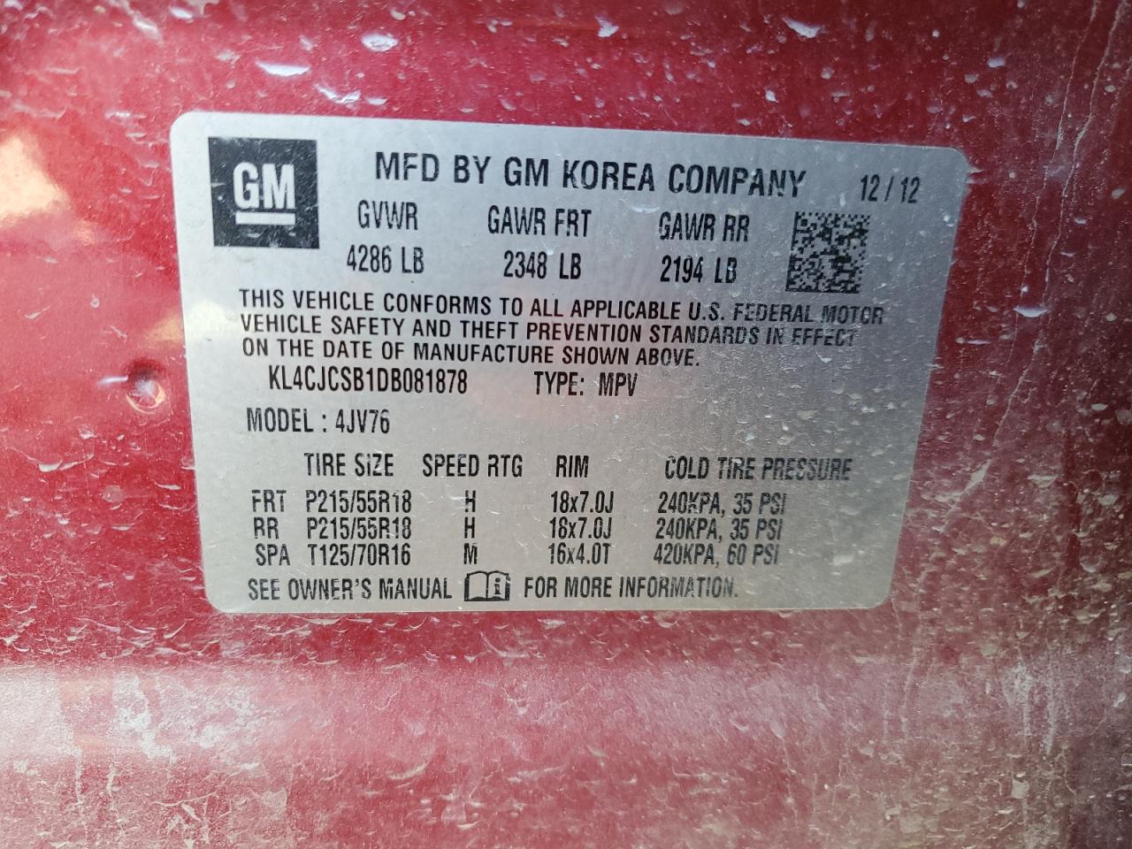 2013 Buick Encore VIN: KL4CJCSB1DB081878 Lot: 66830425