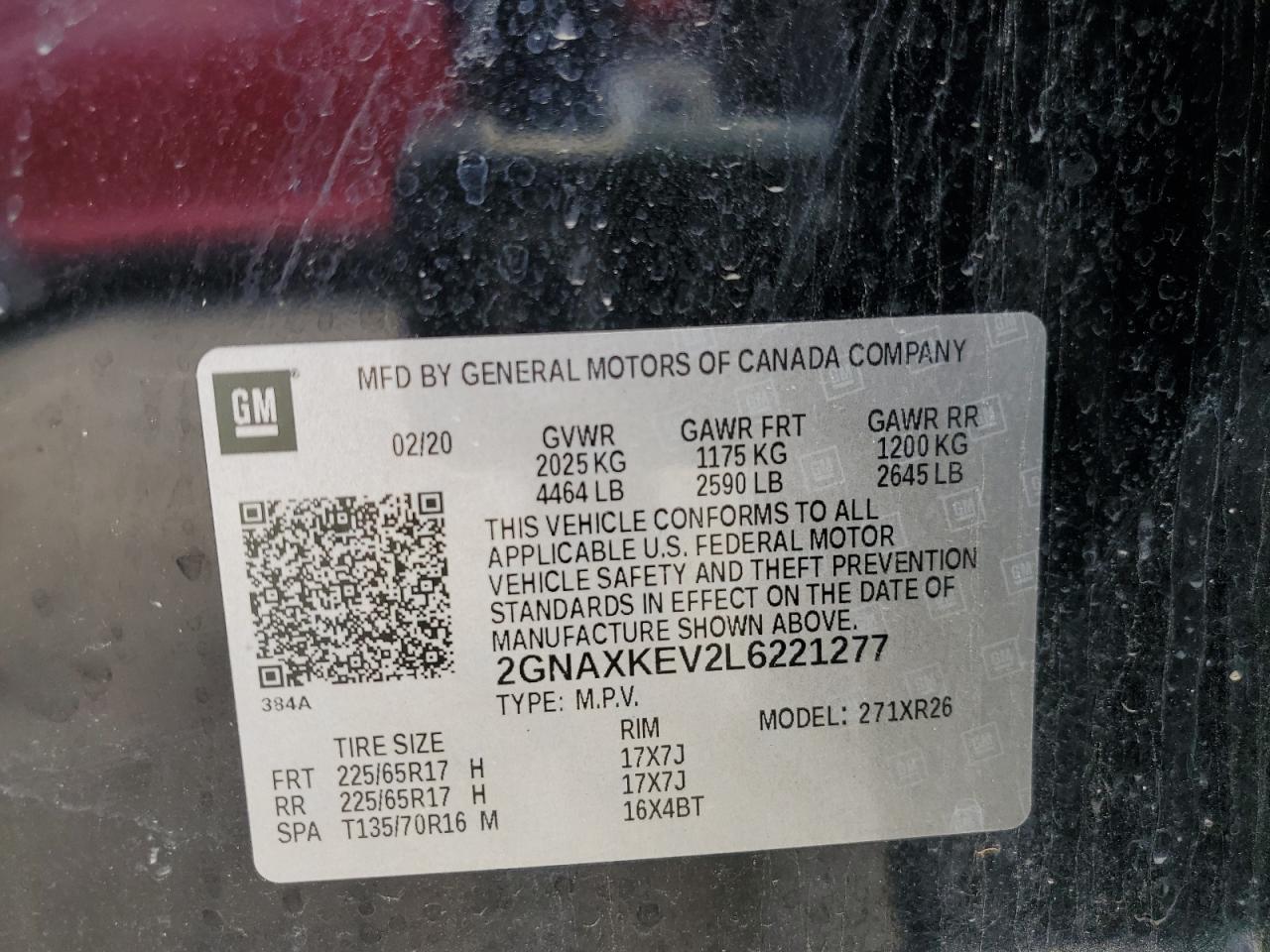 2020 Chevrolet Equinox Lt VIN: 2GNAXKEV2L6221277 Lot: 65262295