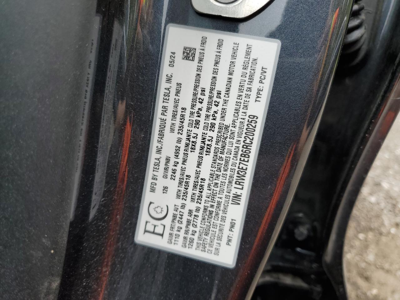 2024 Tesla Model 3 VIN: LRW3E7EB6RC200259 Lot: 64057175