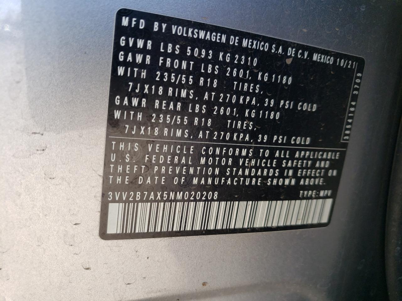 2022 Volkswagen Tiguan Se VIN: 3VV2B7AX5NM020208 Lot: 63395575