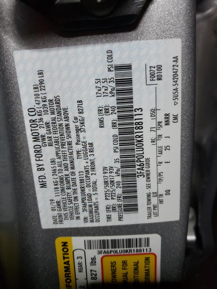 2019 Ford Fusion Se VIN: 188113 Lot: 65656155