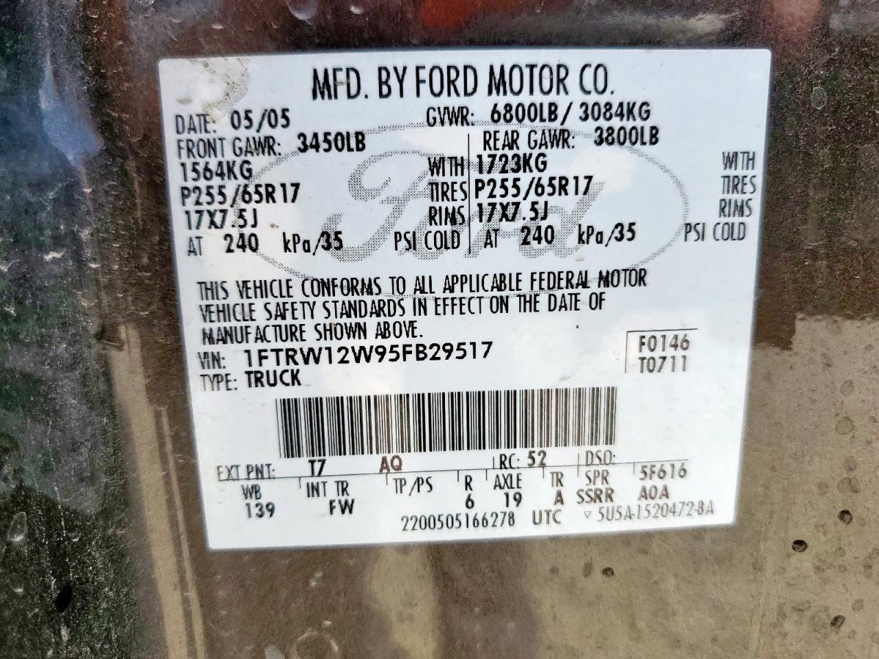2005 Ford F150 Supercrew VIN: 1FTRW12W95FB29517 Lot: 65015545