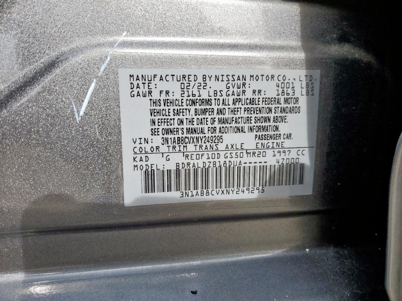 2022 Nissan Sentra Sv VIN: 3N1AB8CVXNY249295 Lot: 64128385