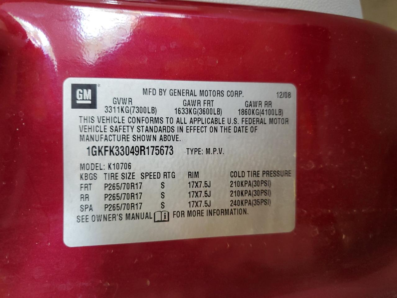 1GKFK33049R175673 2009 GMC Yukon Slt