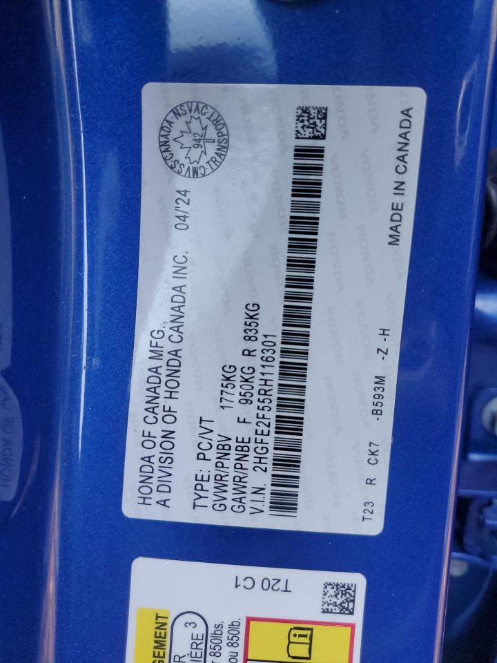 2024 Honda Civic Sport VIN: 2HGFE2F55RH116301 Lot: 63017365