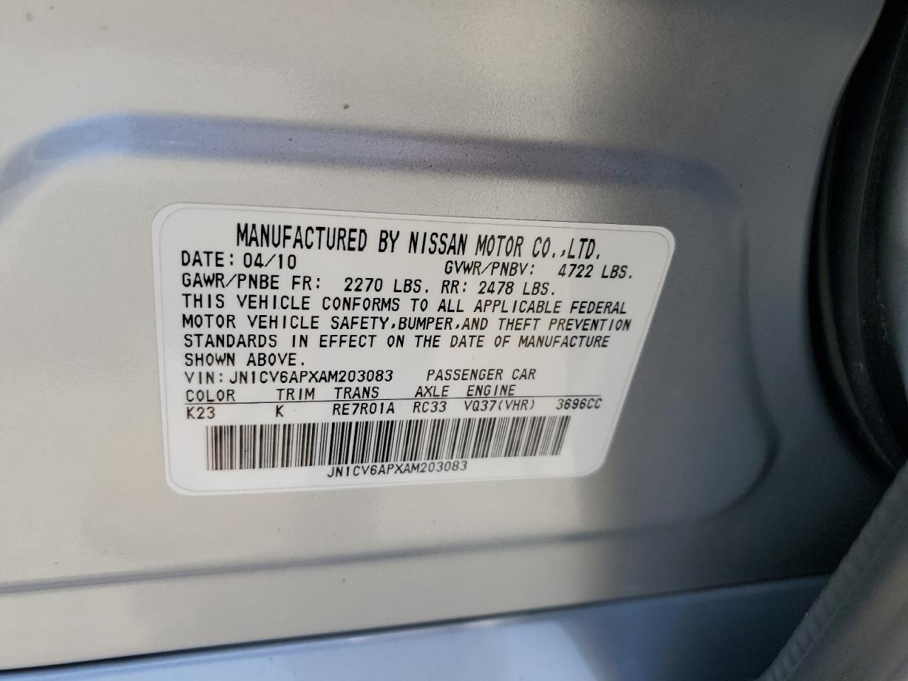 2010 Infiniti G37 Base VIN: JN1CV6APXAM203083 Lot: 64858735