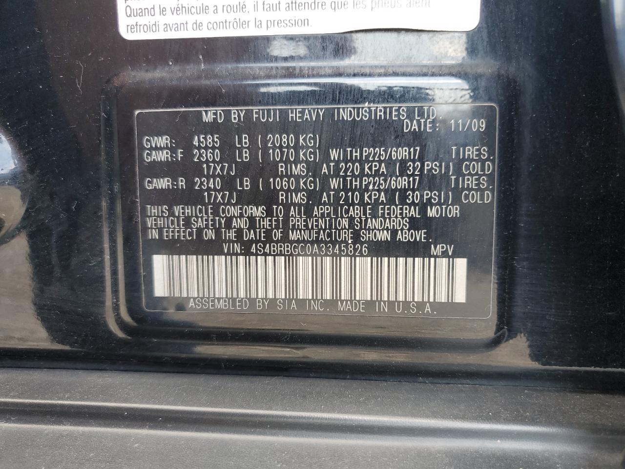 2010 Subaru Outback 2.5I Premium VIN: 4S4BRBGC0A3345826 Lot: 63467565