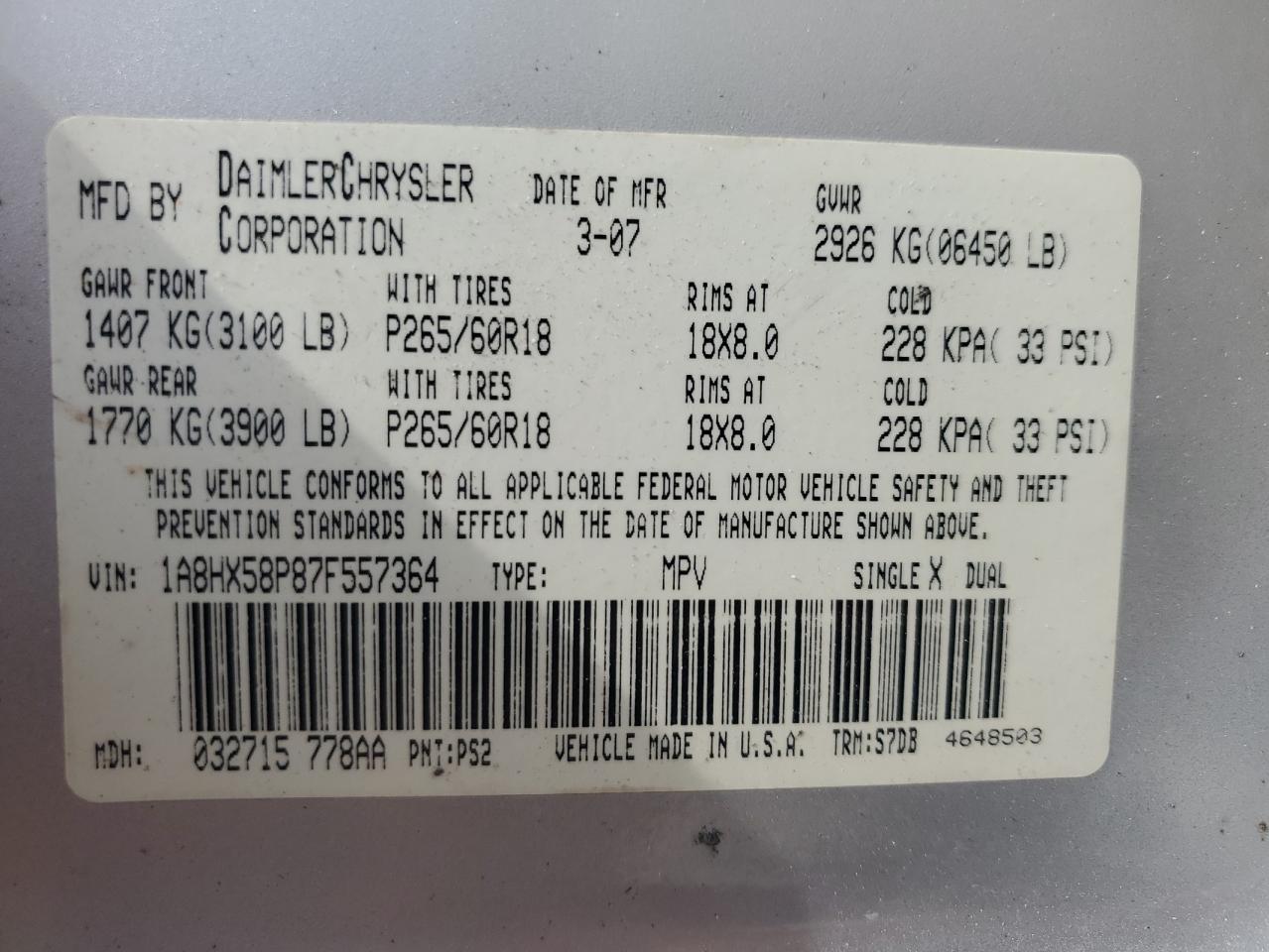 2007 Chrysler Aspen Limited VIN: 1A8HX58P87F557364 Lot: 64595315
