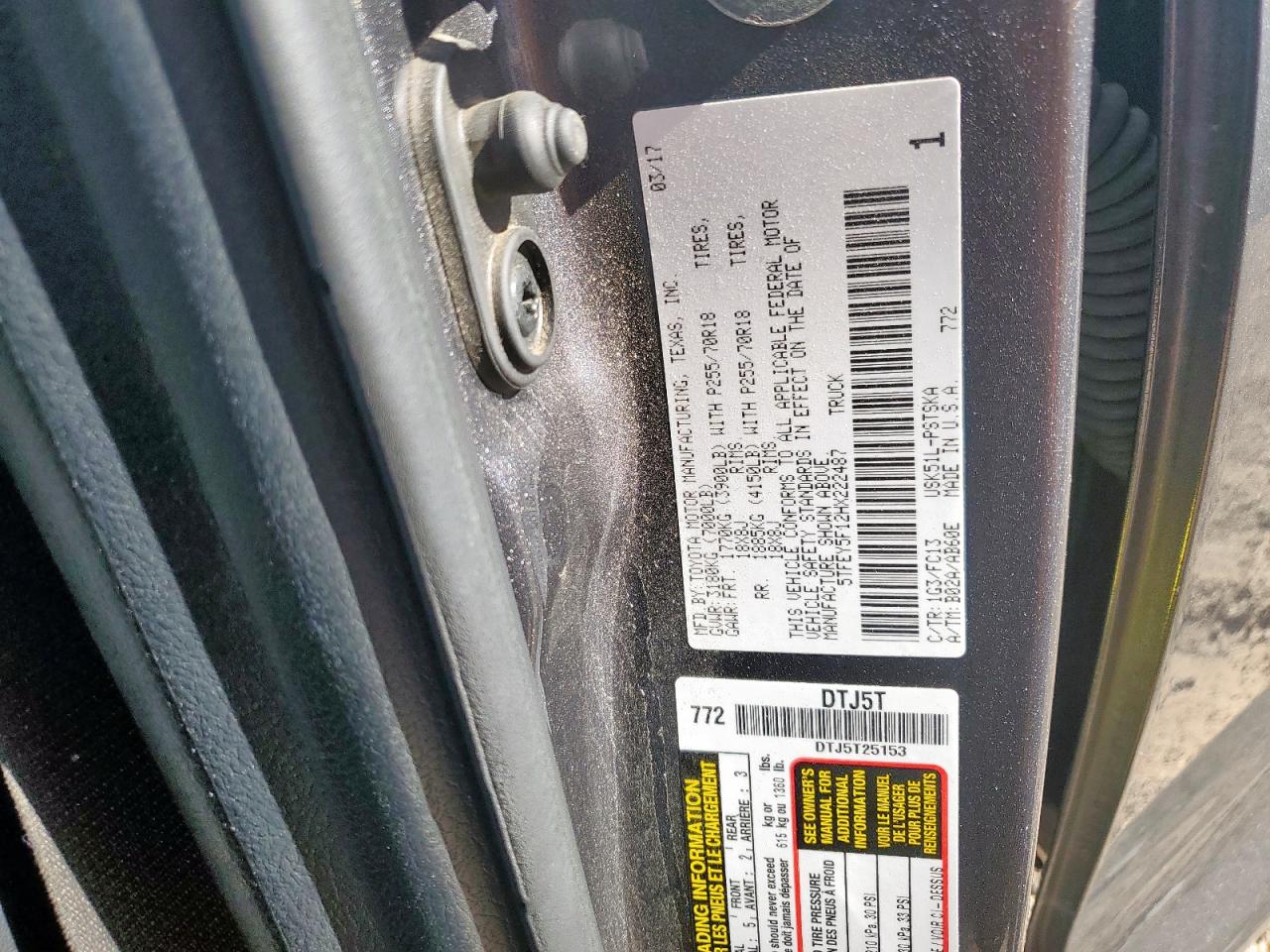 2017 Toyota Tundra Crewmax Sr5 VIN: 5TFEY5F12HX222487 Lot: 66577435