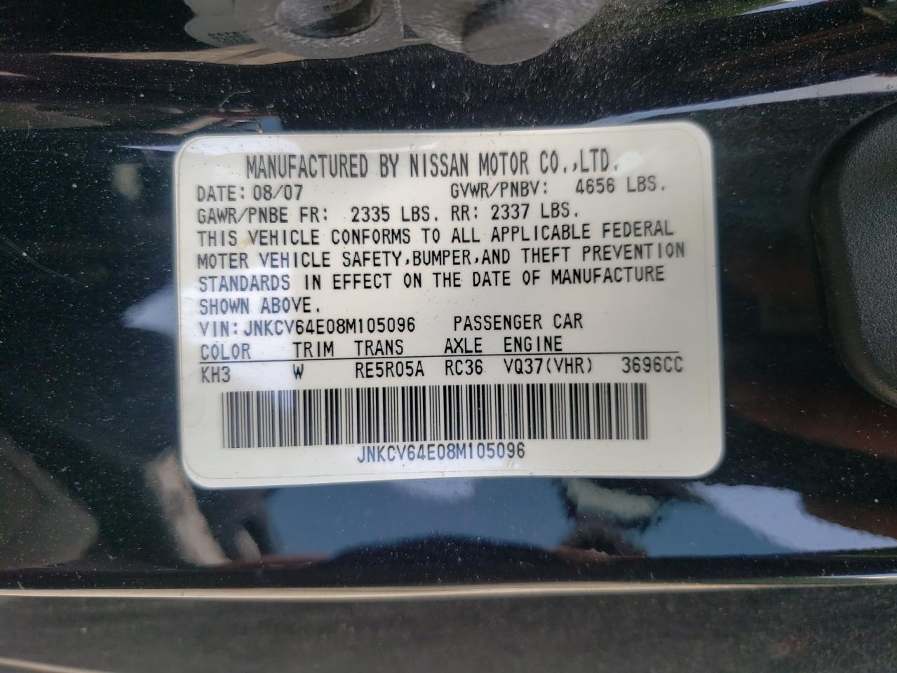 2008 Infiniti G37 Base VIN: JNKCV64E08M105096 Lot: 63472575