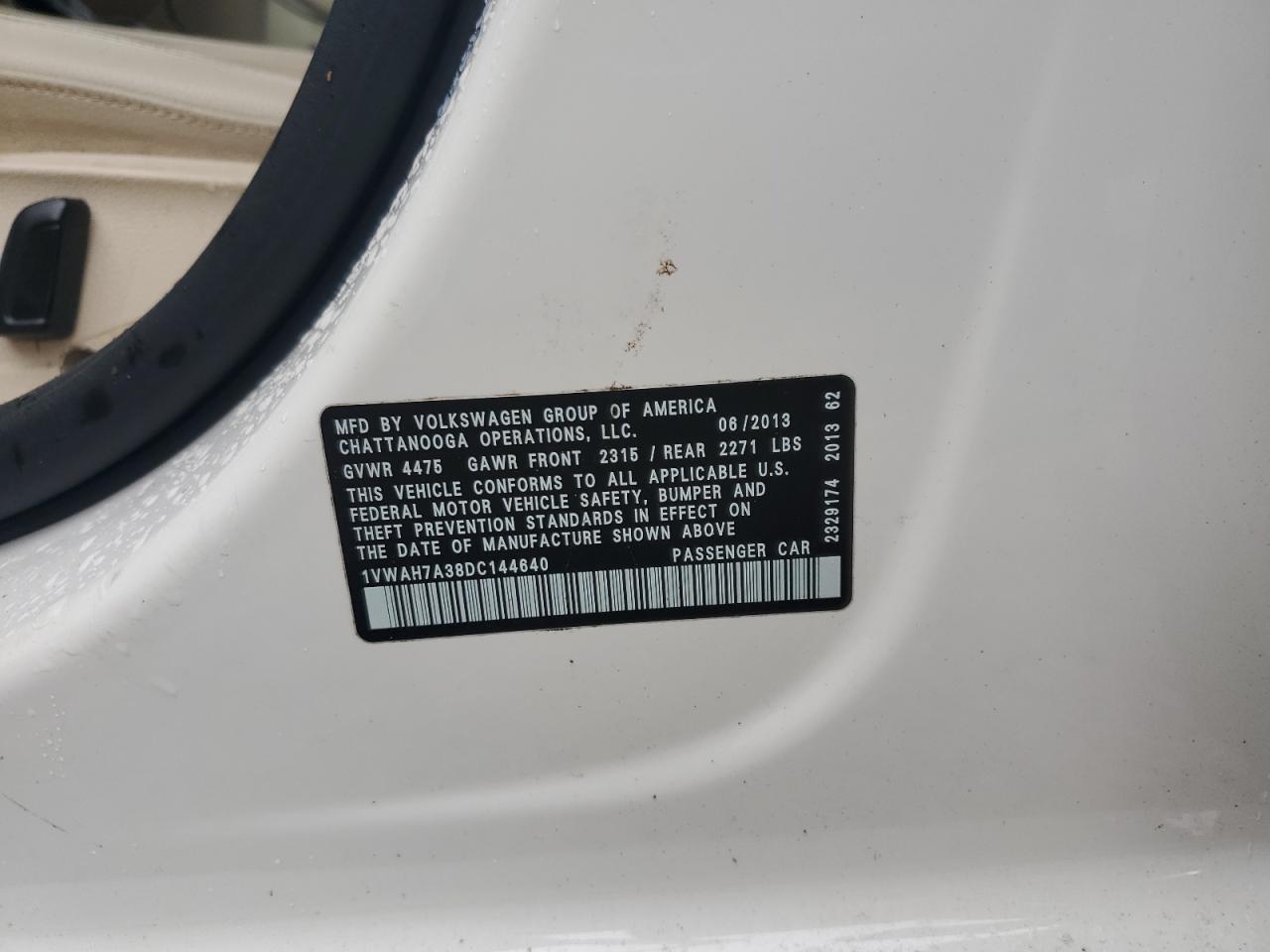 2013 Volkswagen Passat S VIN: 1VWAH7A38DC144640 Lot: 64299025