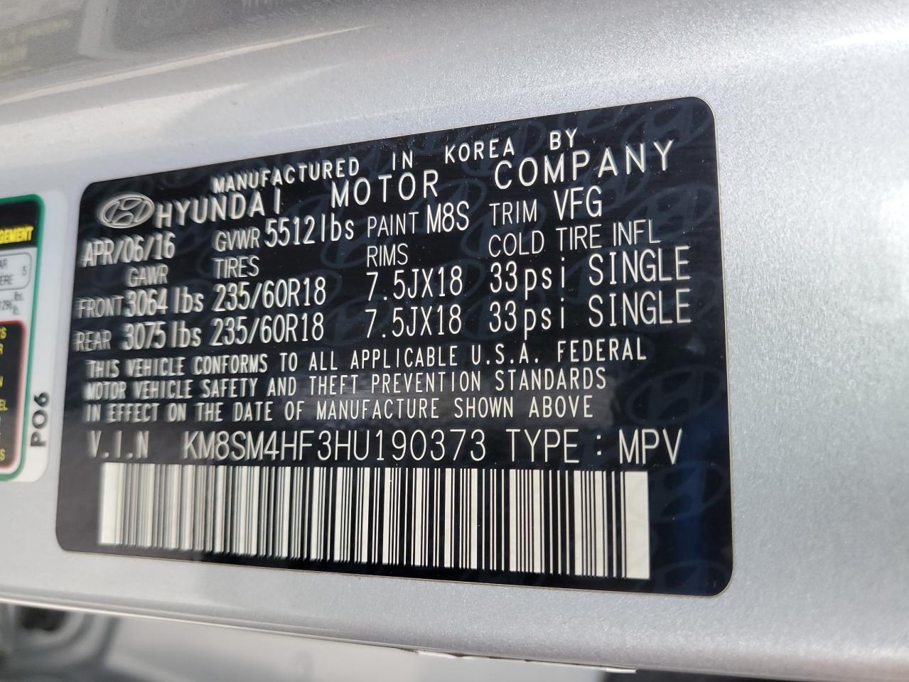 2017 Hyundai Santa Fe Se VIN: KM8SM4HF3HU190373 Lot: 65241115