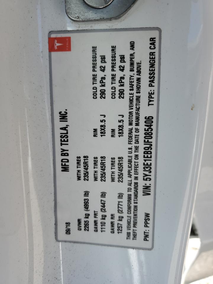 2018 Tesla Model 3 VIN: 5YJ3E1EB9JF085406 Lot: 66464945