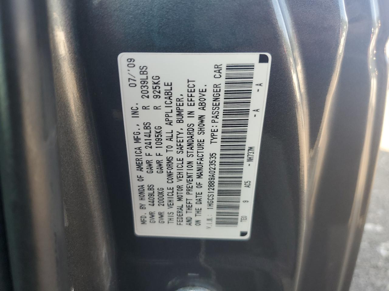 2009 Honda Accord Exl VIN: 1HGCS12889A023535 Lot: 66816855