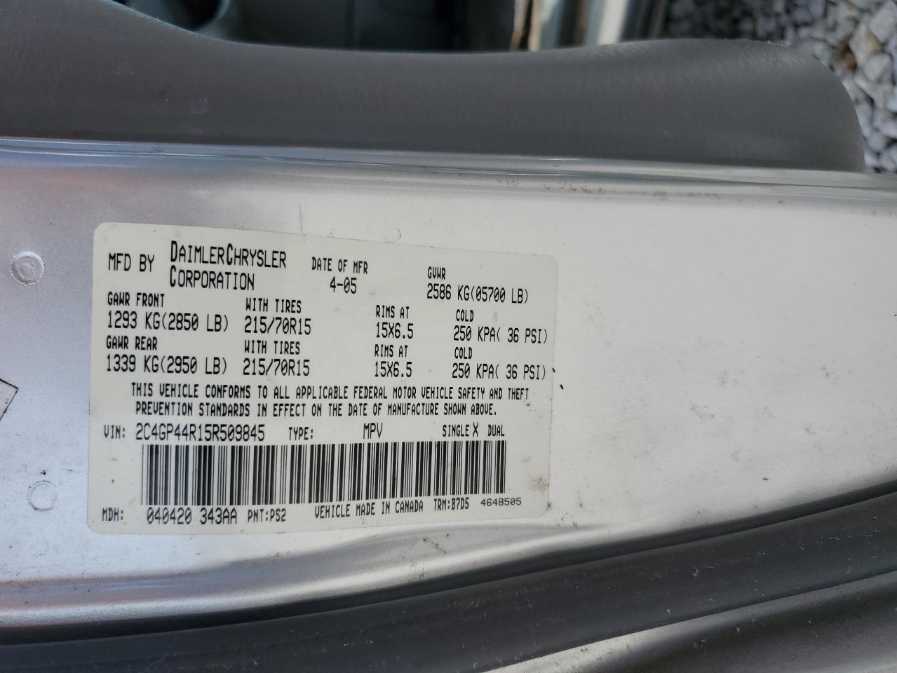 2005 Chrysler Town & Country Lx VIN: 2C4GP44R15R509845 Lot: 63314855