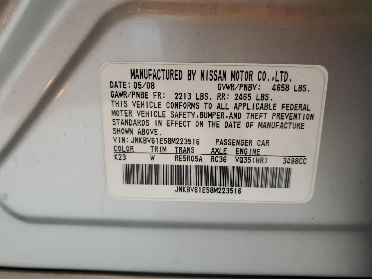 2008 Infiniti G35 VIN: JNKBV61E58M223516 Lot: 63748745