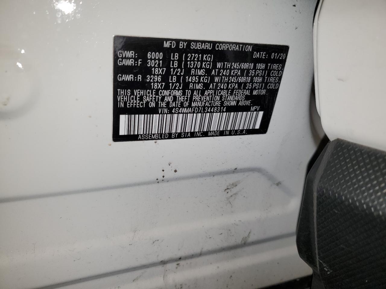 2020 Subaru Ascent Premium VIN: 4S4WMAFD7L3448314 Lot: 66944775