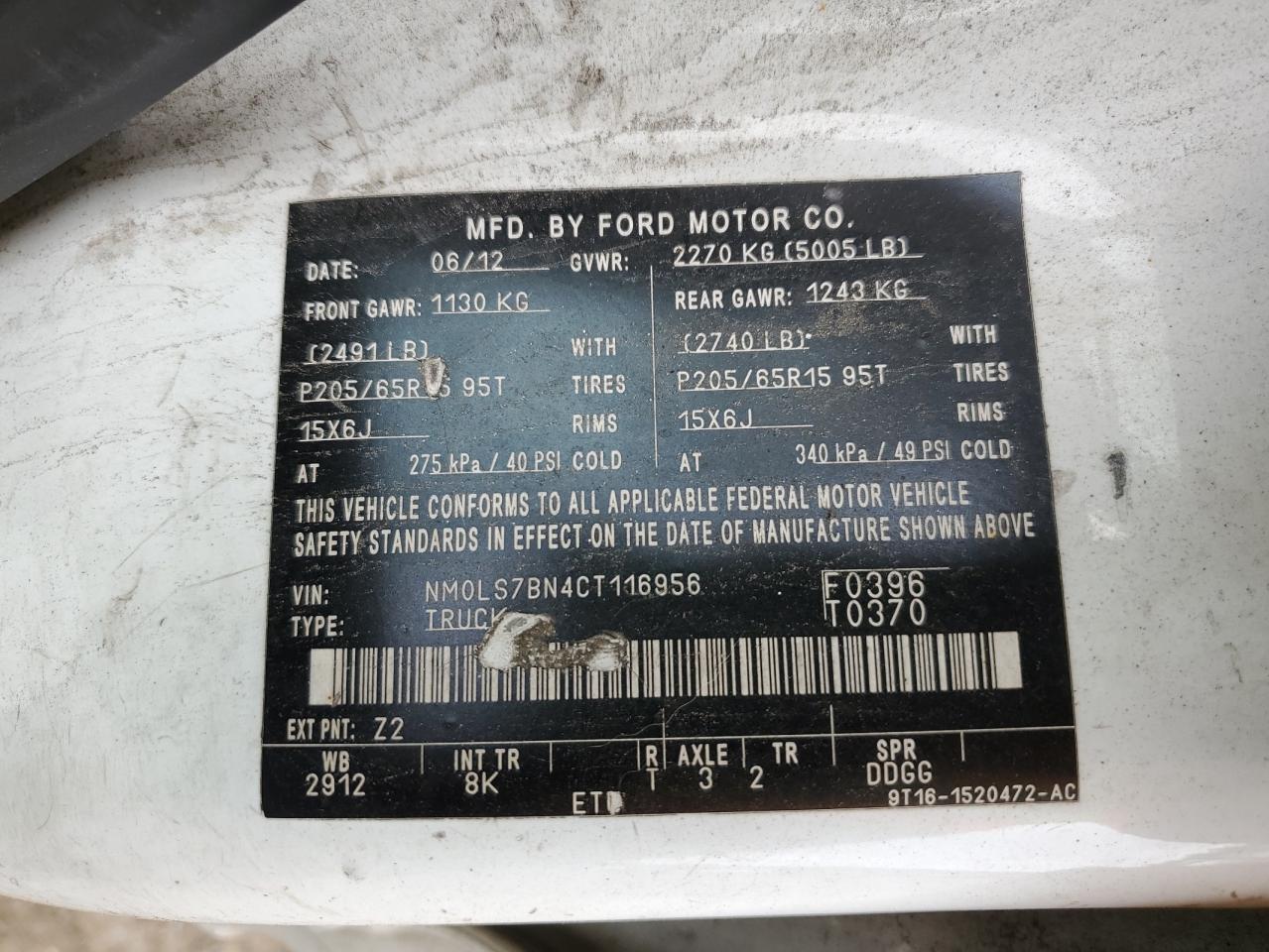 2012 Ford Transit Connect Xlt VIN: NM0LS7BN4CT116956 Lot: 64456685