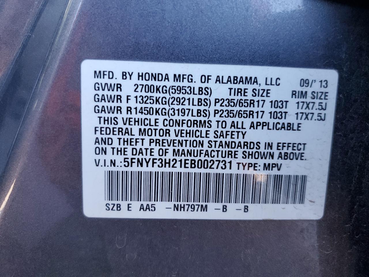 2014 Honda Pilot Lx VIN: 5FNYF3H21EB002731 Lot: 65734565