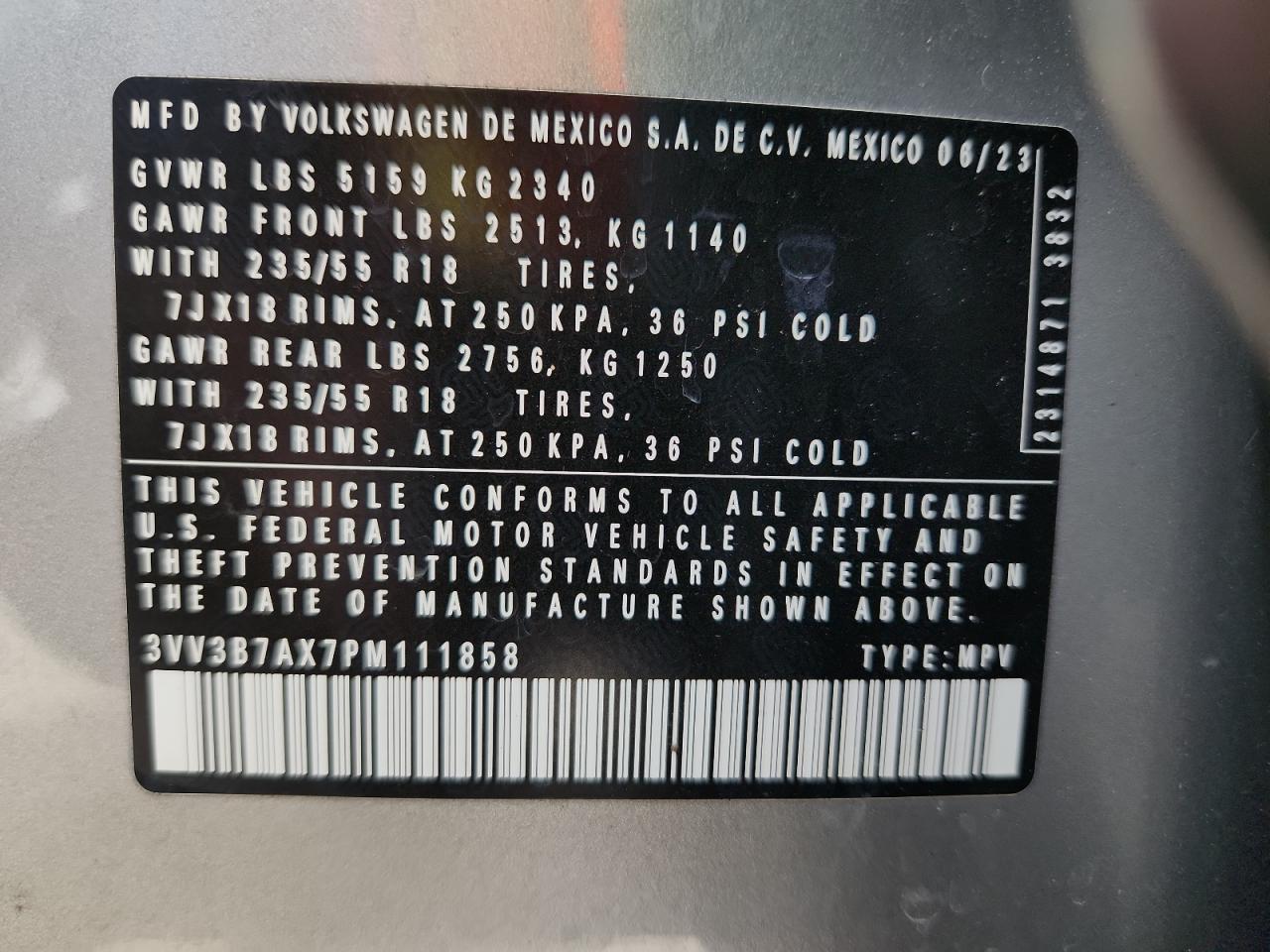 2023 Volkswagen Tiguan Se VIN: 3VV3B7AX7PM111858 Lot: 64679885